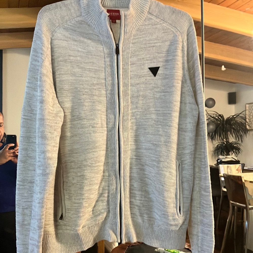 Guess Gray Zip Up Sweater Classic Knit Style